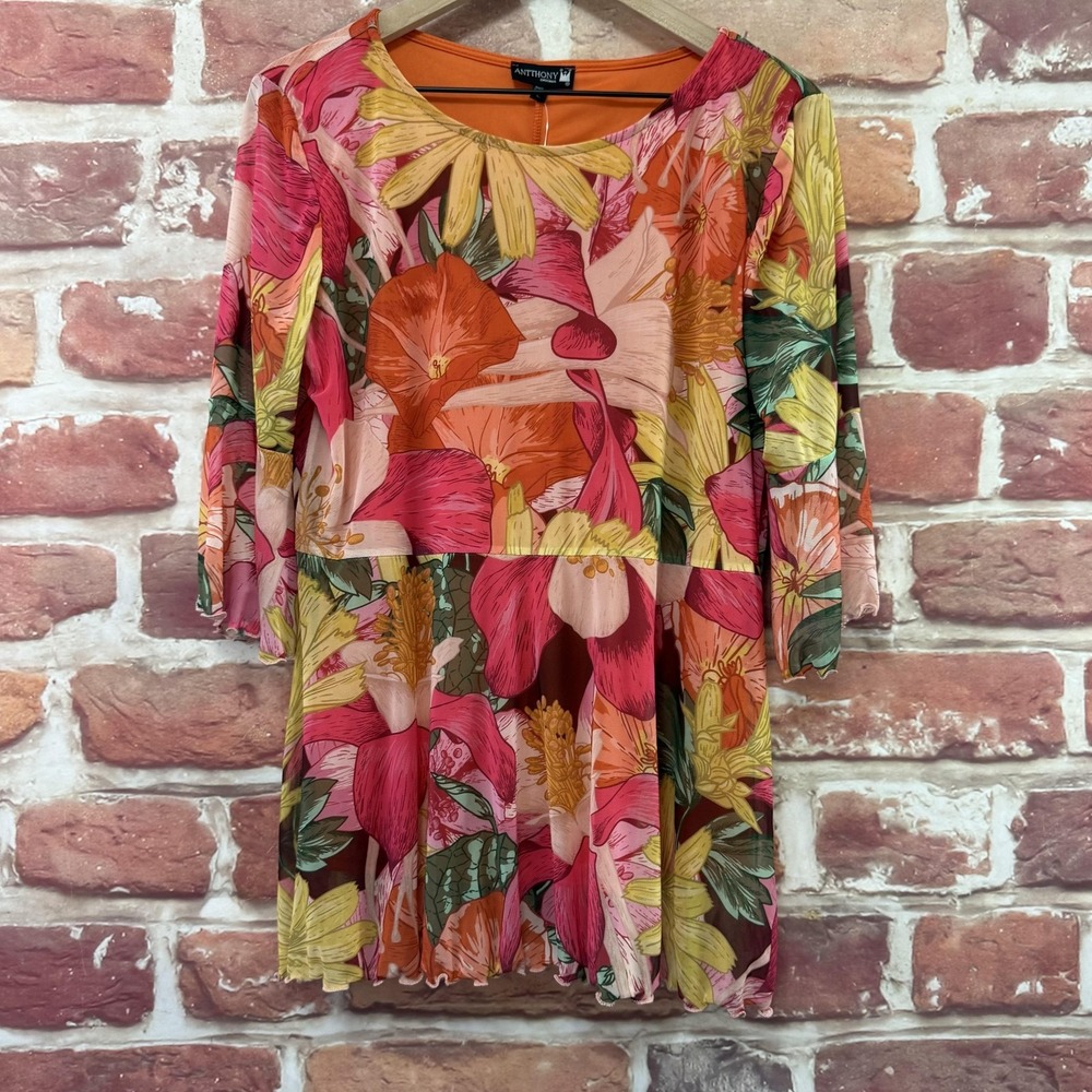 Anthony Tunic Top Womens L Multicolor Tropical Floral Mesh Casual Colorful Shirt